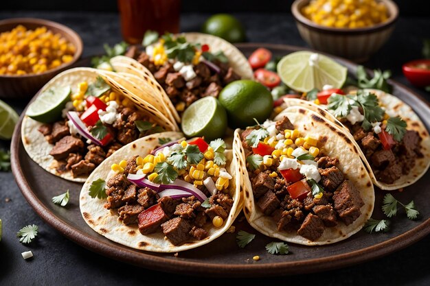 platter of mexican street tacos with carne asada chorizo and al pastor in corn tortillas