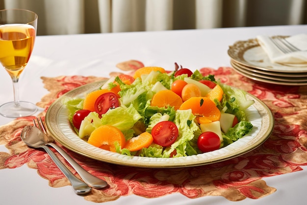 Photo platter of mixed vegetable salad on a tolded tablecloth on marble background