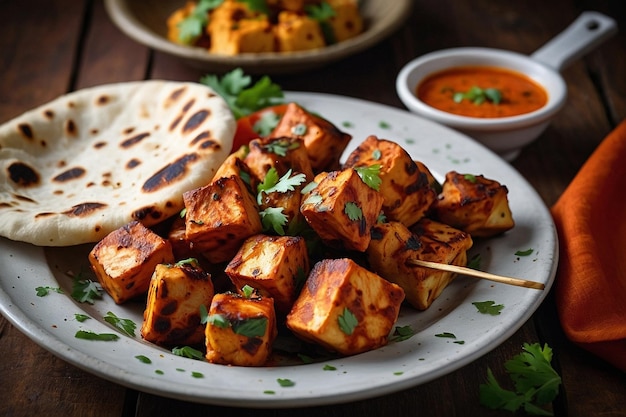 A platter of paneer tikka served with warm garlic naan