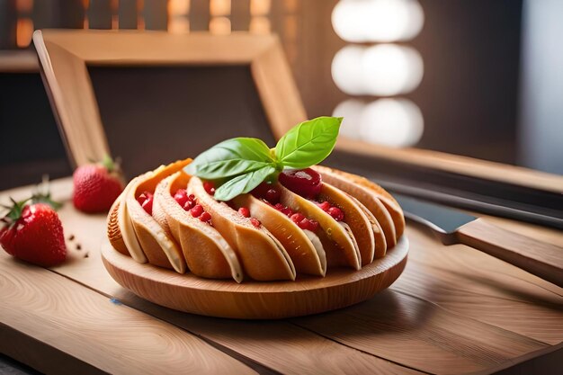 A platter of pastries with a picture of a fruit bowl on the table.