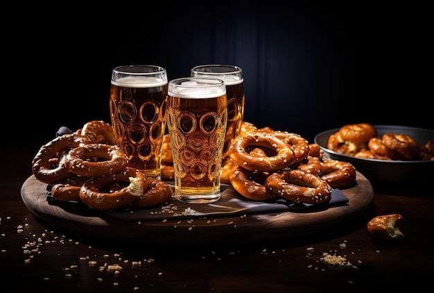 a platter of pretzels with beer and on a dark background