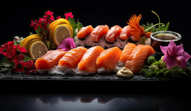 a platter of sashimi and sushi is on top of the in the style of black background