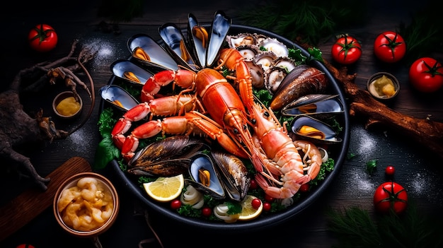 A platter of seafood with a bowl of seafood on the table