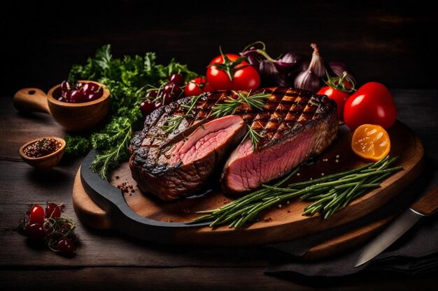 a platter of steak vegetables and fruit on a wooden table