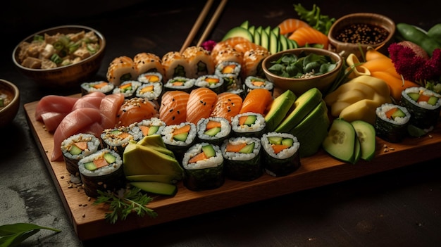 A platter of sushi and other foods including sushi