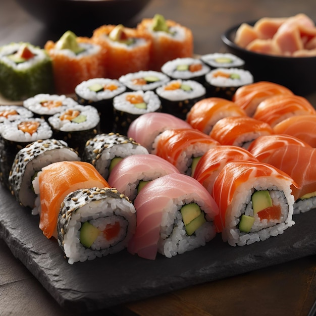 A platter of sushi and rolls with the word sushi on it.