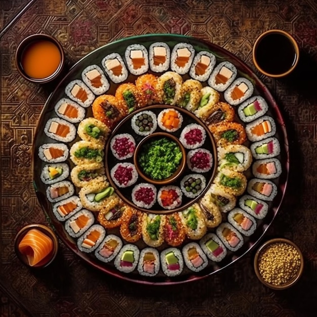 A platter of sushi with a variety of flavors.