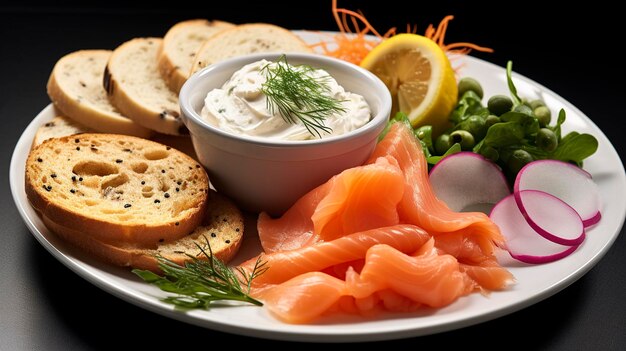 A platter of thinly sliced smoked salmon served with bagels cream cheese