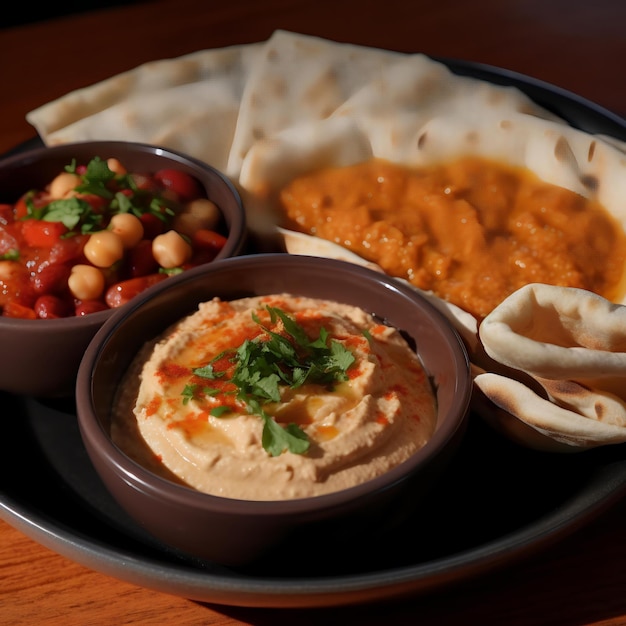 A platter of three different flavored hummus variations served with warm pita bread