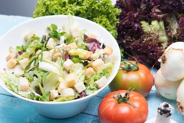 Photo platter with fresh vegetable salad with pieces of bread