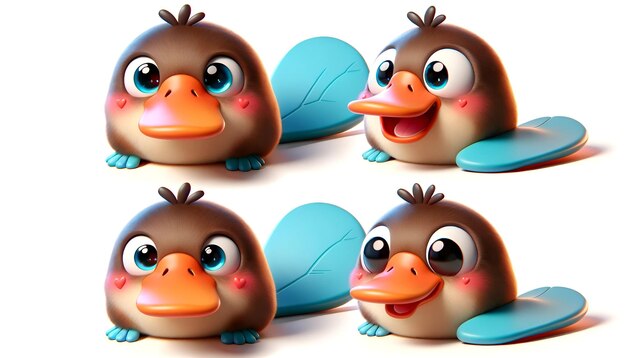 platypus in four poses happy curious surprised and content against a white background Each ang