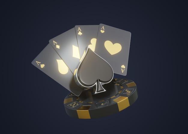 Play card icon spades symbol play card symbols poker chip dices and ace with golden metal 3D render