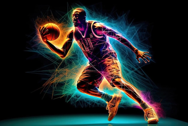 a player jumps and shoots the basketball on the screen in the style of light painting