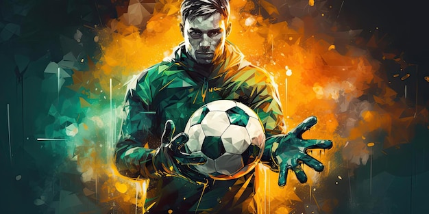 a player who is holding a soccer ball in his gloves in the style of beeple