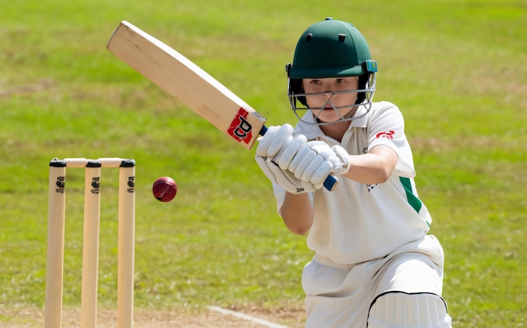 फोटो a player with a green helmet is playing cricket