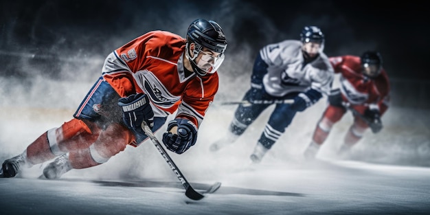 игроки, участвующие в напряженной игре в хоккей. Создано с помощью генеративной технологии искусственного интеллекта.