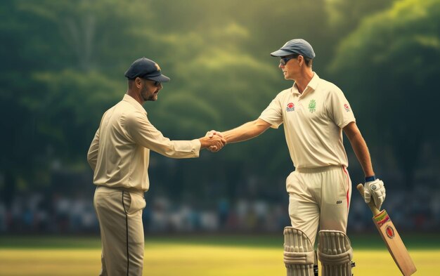 Photo players handshakes cricket umpires signal