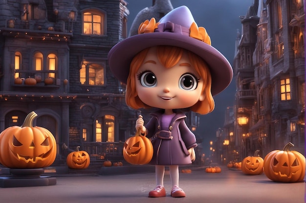 Фото Игривая 3d мультфильмная девушка в городе хэллоуина, наполненном тыквой