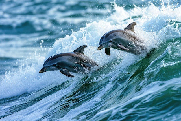 Playful and acrobatic dolphins frolicking in the surf Witness the joyful spectacle of dolphins as they leap and somersault through the ocean waves