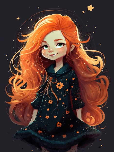 明るいオレンジ色の髪に輝く笑顔と魅力的な小さなドレスを着た、遊び心のある愛らしい漫画の女の子