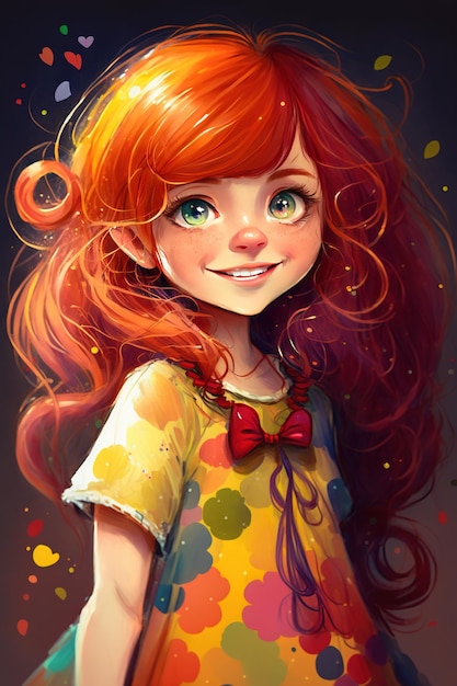 Игривая и очаровательная мультяшная девочка с ярко-оранжевыми волосами, сияющими улыбками и очаровательным маленьким платьем