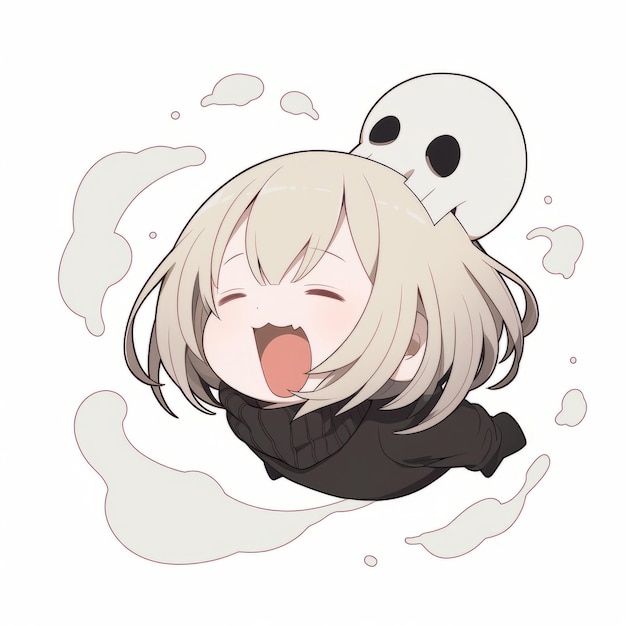 A playful anime chibi skull floats laughing heartily Generative AI