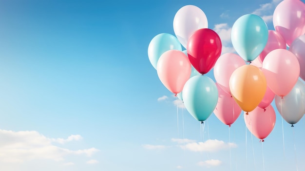 a playful arrangement of colorful balloons floating against a clear blue sky