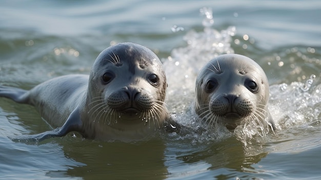 Playful baby seals frolicking in the water their sleek bodies gracefully gliding through the waves With each splash and twist Generated by AI