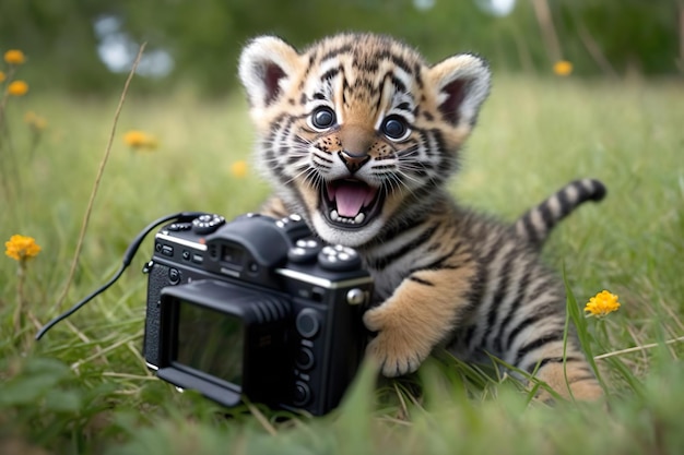 A playful baby tiger cub taking a selfie with a camera created with generative AI technology