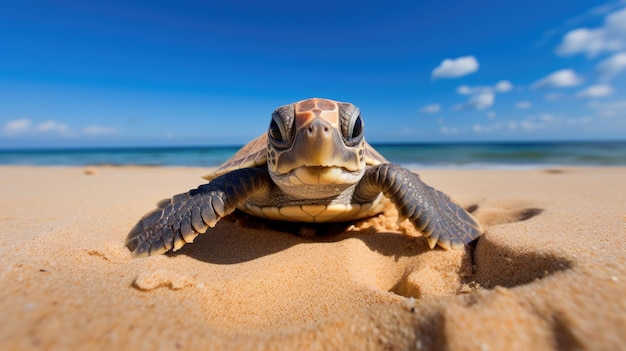 Photo a playful baby turtle making its way across a sandy beach