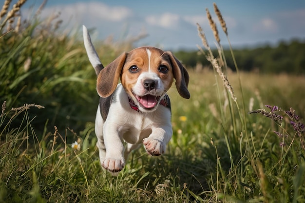 Playful beagle puppy enjoying outdoor play