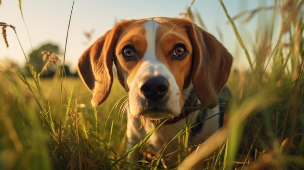 Photo playful beagle on treat hunt