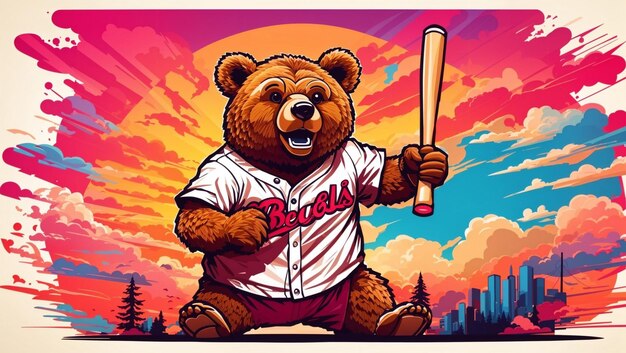 Foto una mascotte di orso giocosa che agita una mazza da baseball