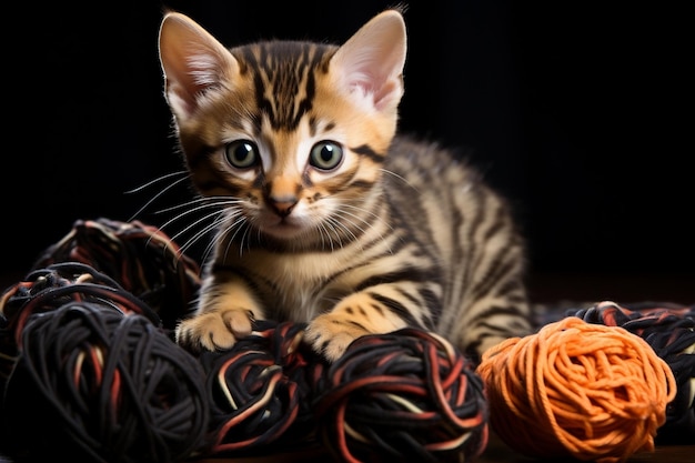 Playful Bengal Cat Engaging with Yarn Ball Generative Ai