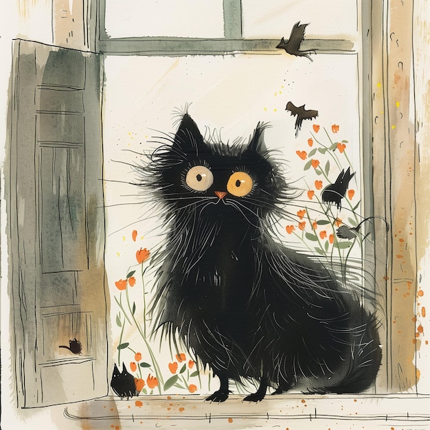 Playful Black Cat Childrens Book Artwork