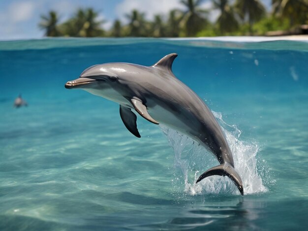 Playful bottle nosed dolphin jumping in tropical waters