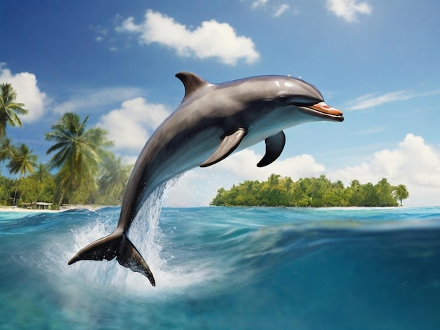 Playful bottle nosed dolphin jumping in tropical waters