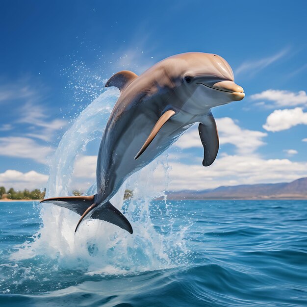 A playful bottlenose dolphins face leaping out of the water hyper realistic illustration photo art