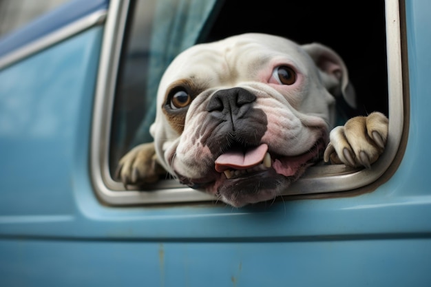 A playful bulldogs head sticking out from a vintage vans window