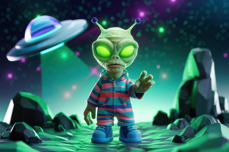 फोटो playful cartoon alien striped hoodie ufo background alien scifi playful imagination childrens
