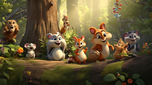 Playful cartoon animals in a forest setting