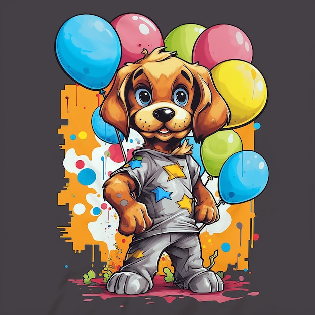 A playful cartoon baby puppy stands up on its hind legs with balloons