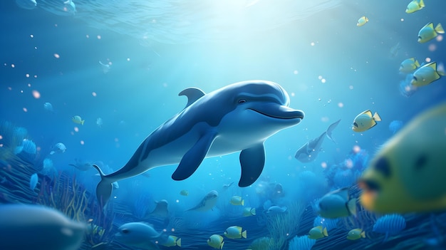 Playful cartoon dolphins dancing beneath a radiant ocean