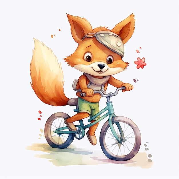 Playful Cartoon Fox Riding a Bike Watercolor Style Illustration