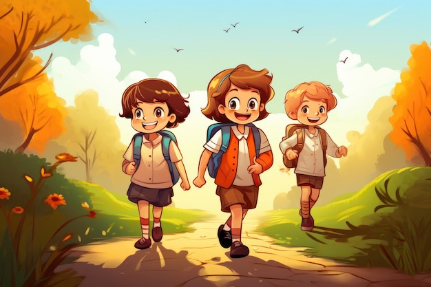 Playful Cartoon Schoolchildren