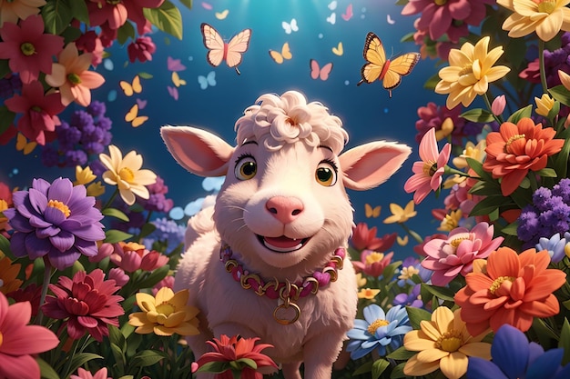 A playful cartoonlike sheep with a mischievous grin surrounded by colorful flowers and butterflies