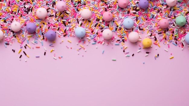 Photo a playful cascade of candy sprinkles and pastelcolored confectionery balls against a soft