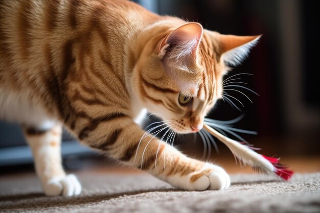 Playful cat batting around feather toy created with generative ai