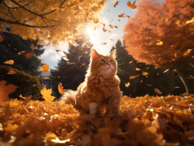 playful cat batting at falling autumn leaves in a sunlit garden