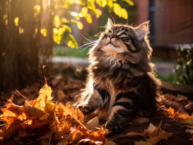игривый кот бьется о падающие осенние листья в залитом солнцем саду
